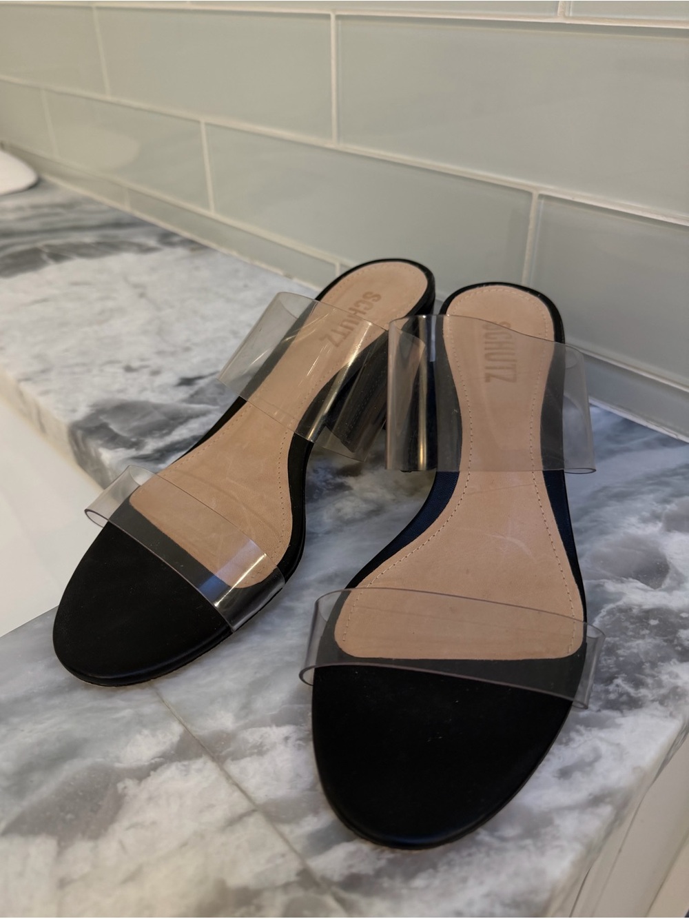 SCHUTZ Victorie Black Slide Mules with Clear Straps size 8